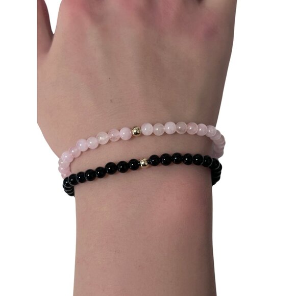 Onyx & Rose Quartz Gemstone Stretch Bracelet with 14K Gold Accent Bead Handmade - Picture 6 of 6